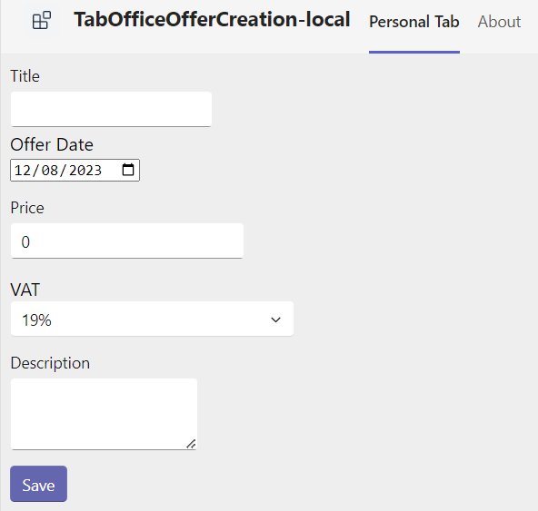Teams Tab - Input form for Offer Metadata